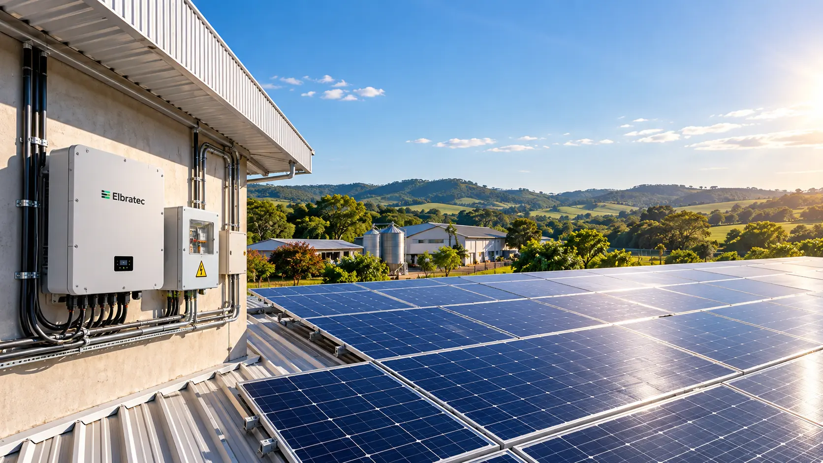Inversor Elbratec na parede com painéis solares em primeiro plano e paisagem rural ao fundo