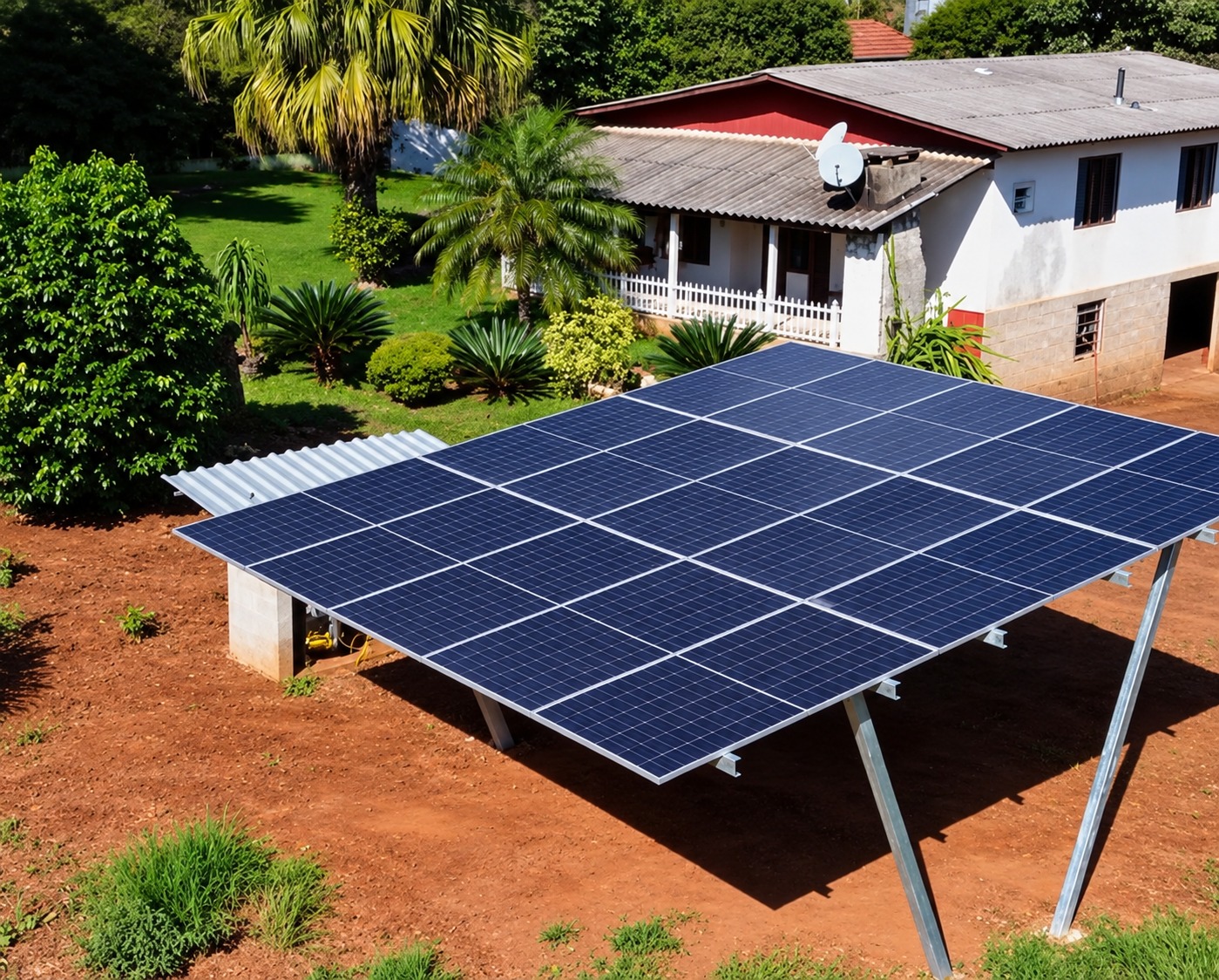 Painéis solares instalados em estrutura próxima a uma residência